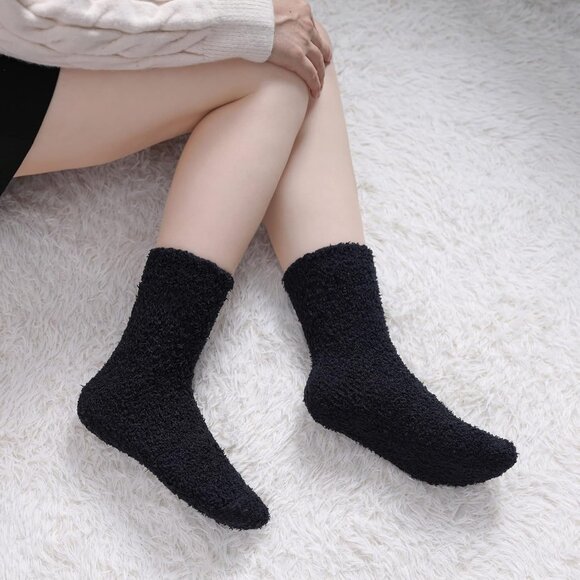 Women Fuzzy Socks Cozy Fluffy Winter Warm Slipper Microfiber Soft Sleep Black - Picture 4 of 6